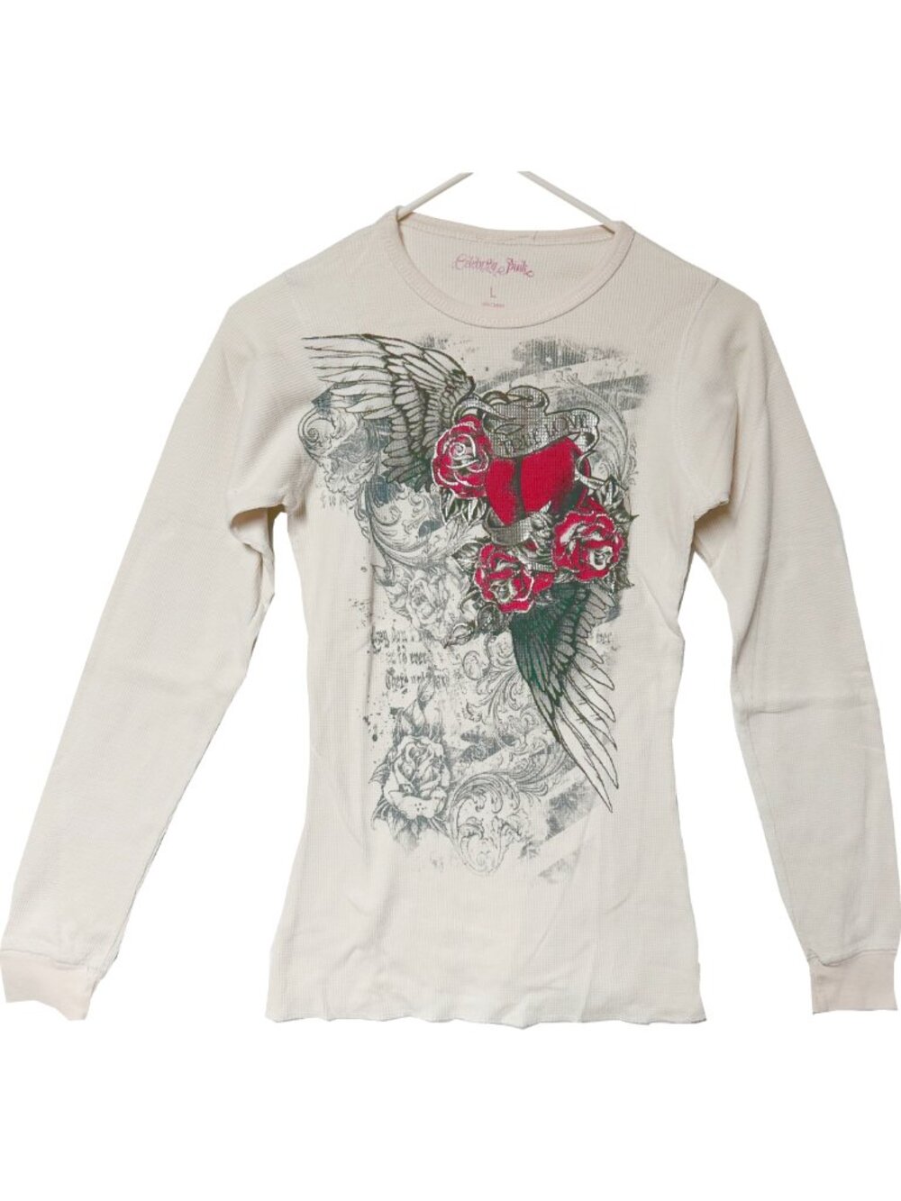 Women's Celebrity Pink True Love Rose and Wings White Thermal Long-Sleeve Shirt